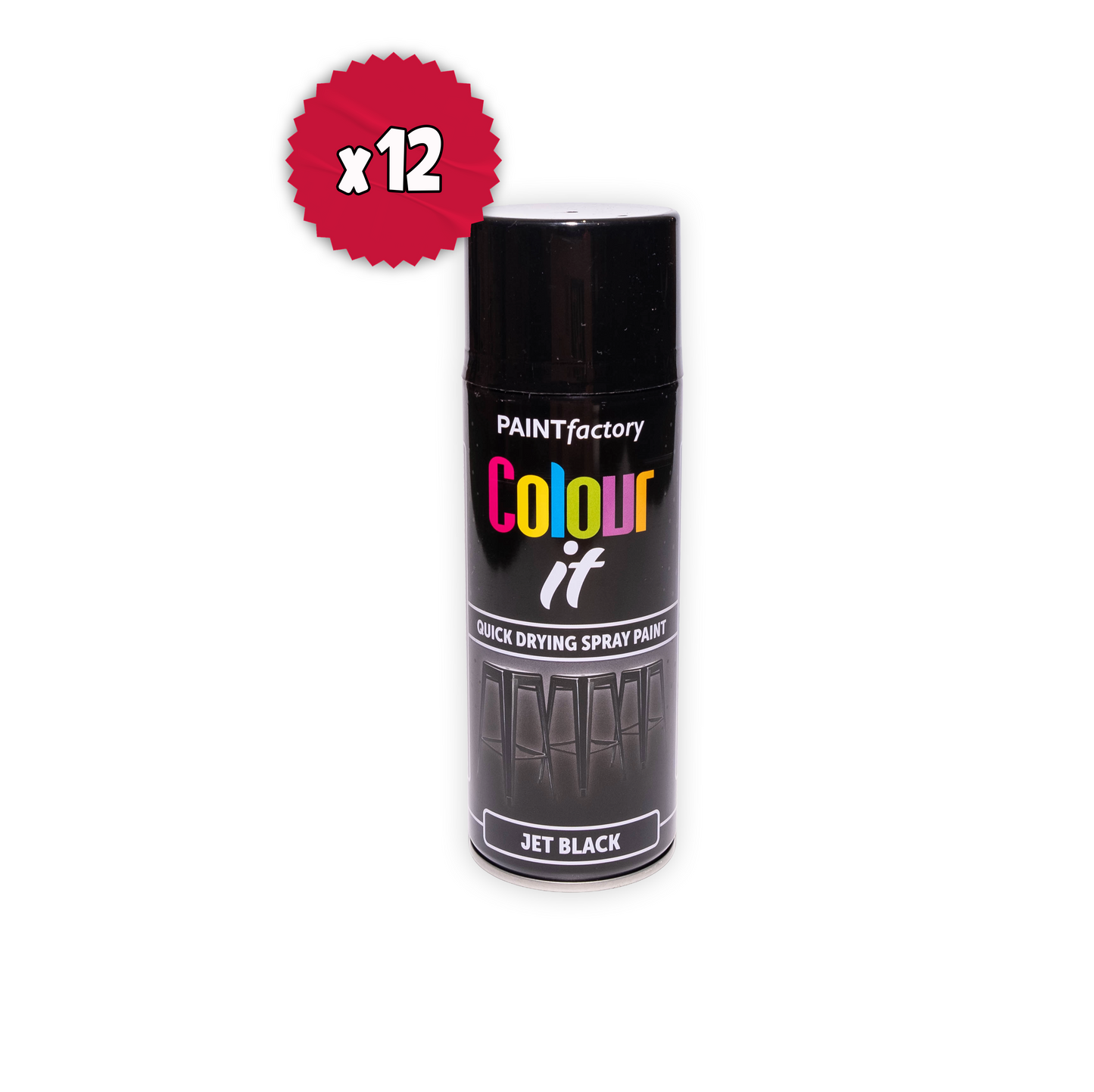 12 x Paint Factory Colour It Jet Black Gloss Spray Paint 400ml Quick Dry Aerosol Paint for Wood Metal Plastic & DIY Projects