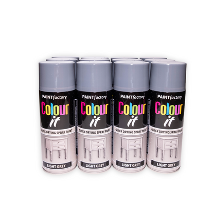 12 x Paint Factory Colour It Light Grey Gloss Spray Paint 400ml Quick Dry Aerosol Paint for Wood Metal Plastic & DIY Projects