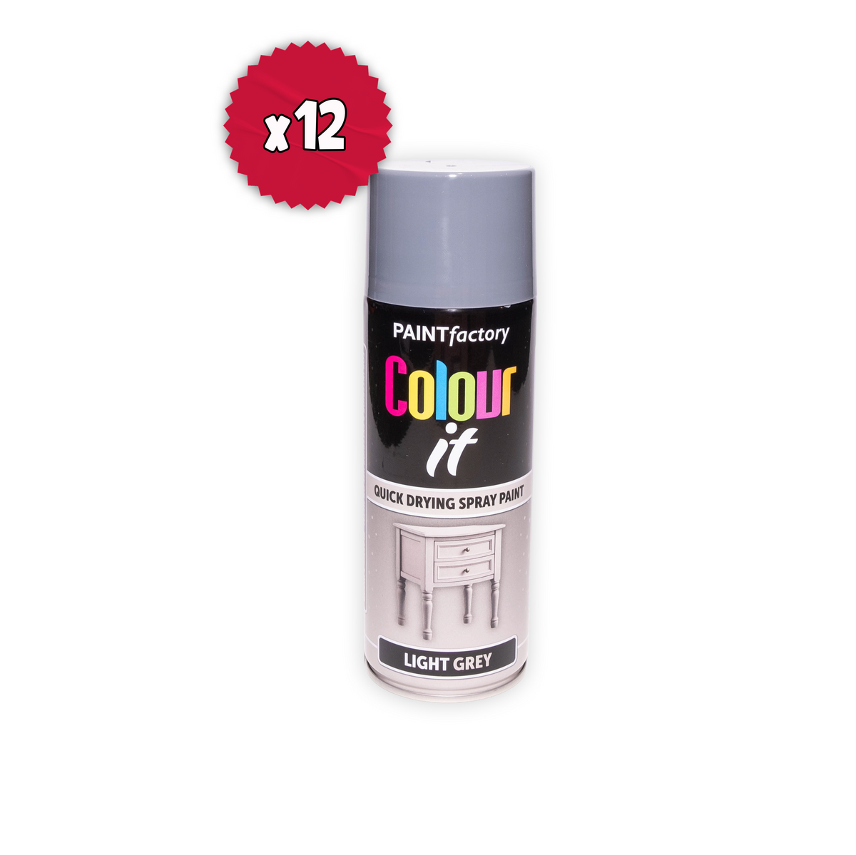 12 x Paint Factory Colour It Light Grey Gloss Spray Paint 400ml Quick Dry Aerosol Paint for Wood Metal Plastic & DIY Projects