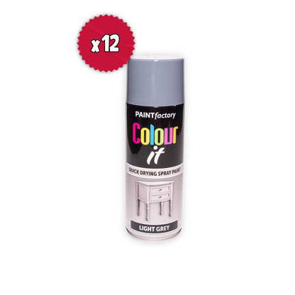 12 x Paint Factory Colour It Light Grey Gloss Spray Paint 400ml Quick Dry Aerosol Paint for Wood Metal Plastic & DIY Projects