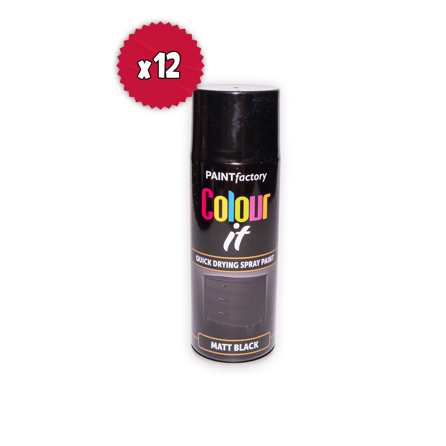 12 x Paint Factory Colour It Black Matt Spray Paint 400ml Quick Dry Aerosol Paint for Wood Metal Plastic & DIY Projects