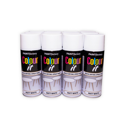 12 x Paint Factory Colour It White Matt Spray Paint 400ml Quick Dry Aerosol Paint for Wood Metal Plastic & DIY Projects