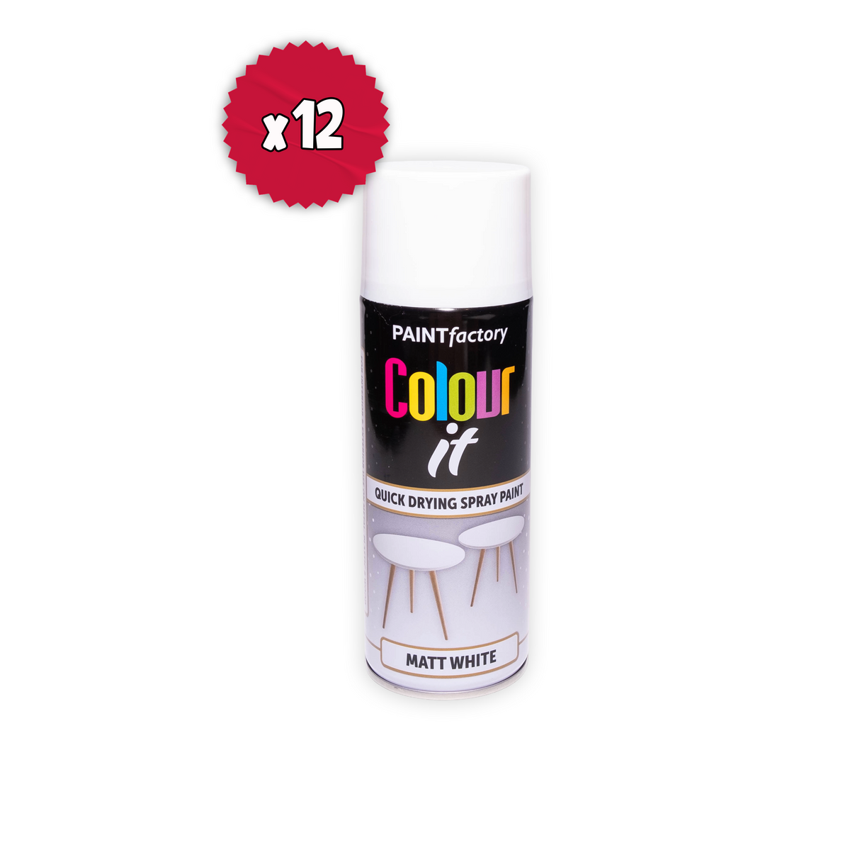 12 x Paint Factory Colour It White Matt Spray Paint 400ml Quick Dry Aerosol Paint for Wood Metal Plastic & DIY Projects