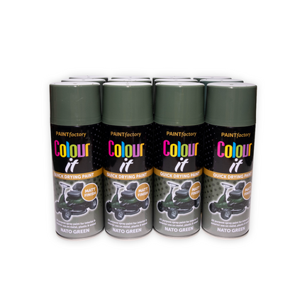 12 x Paint Factory Colour It Nato Green Matt Spray Paint 400ml Quick Dry Aerosol Paint for Wood Metal Plastic & DIY Projects
