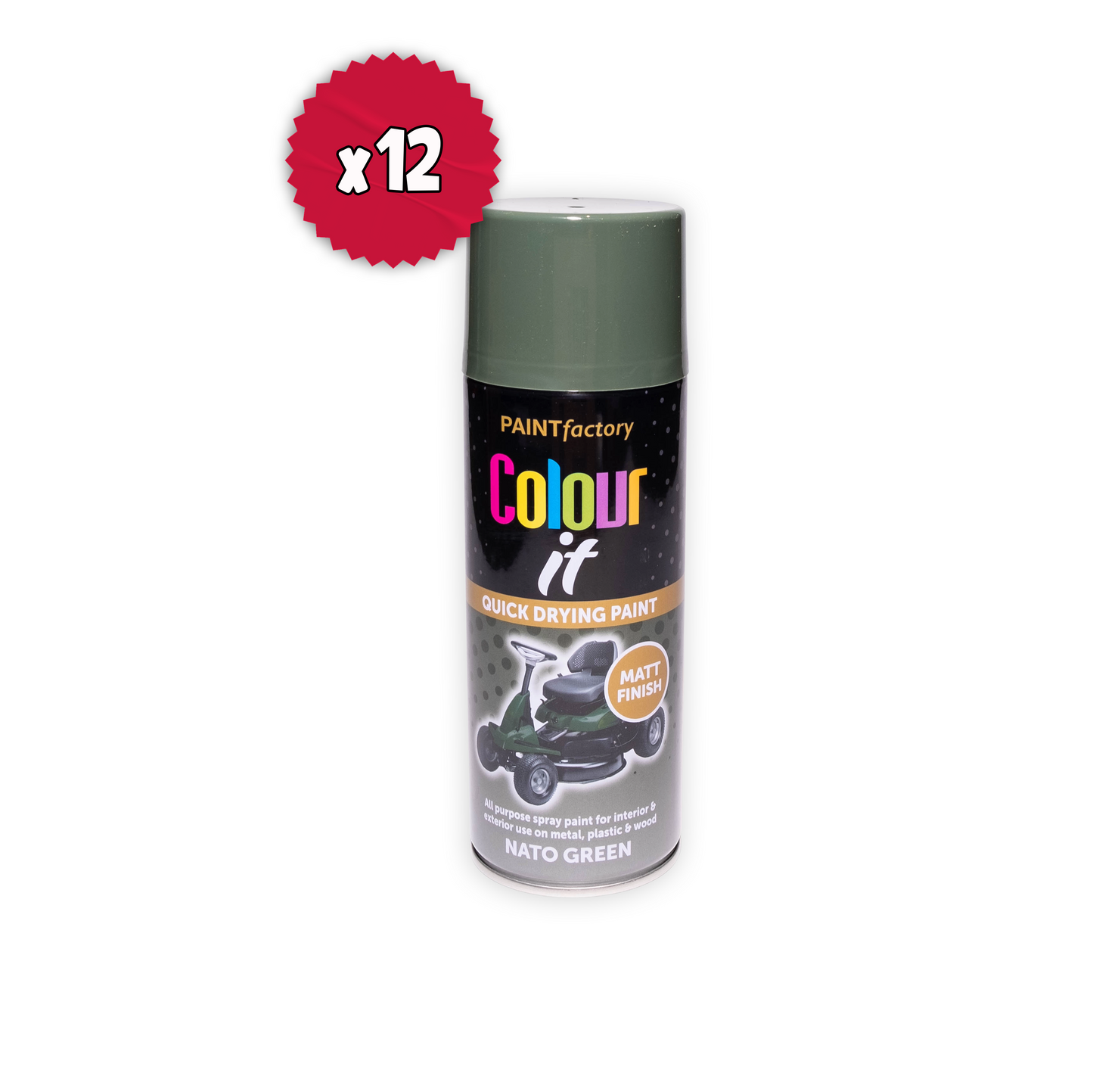 12 x Paint Factory Colour It Nato Green Matt Spray Paint 400ml Quick Dry Aerosol Paint for Wood Metal Plastic & DIY Projects