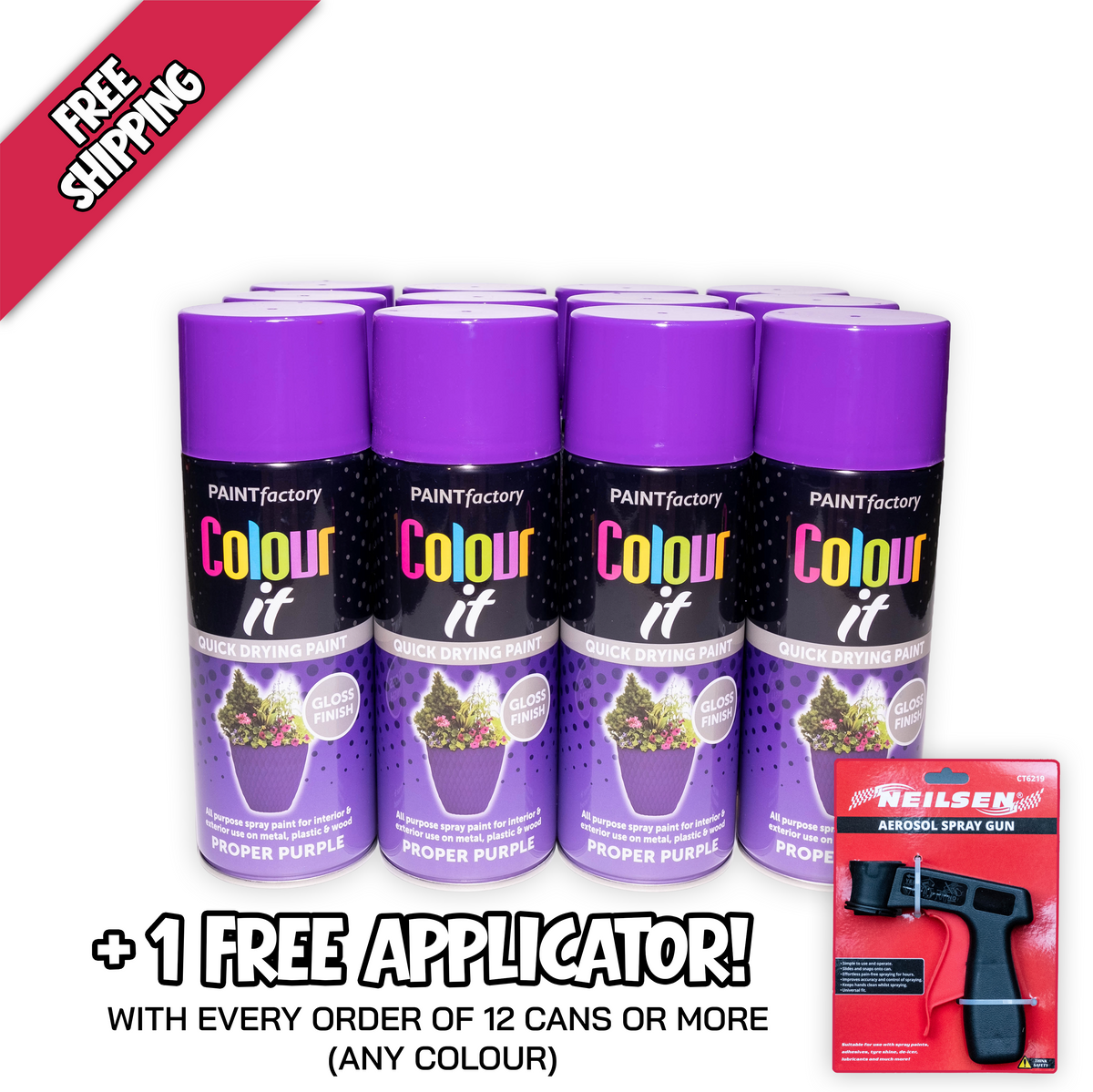 12 X Paint Factory Colour It Proper Purple Gloss Spray Paint 400ml | Quick Dry Aerosol Paint