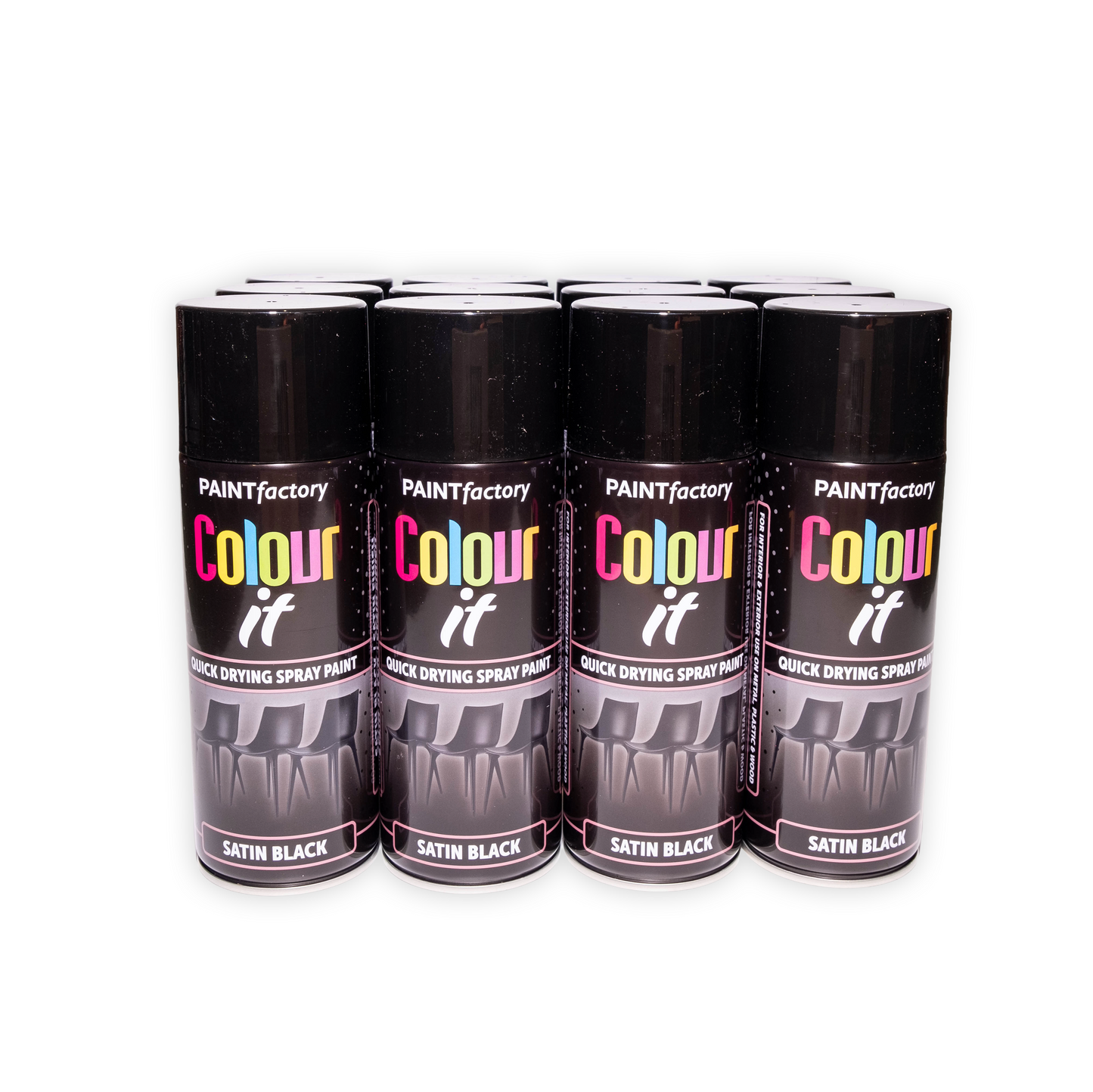12 x Paint Factory Colour It Satin Black Spray Paint 400ml Quick Dry Aerosol Paint for Wood Metal Plastic & DIY Projects
