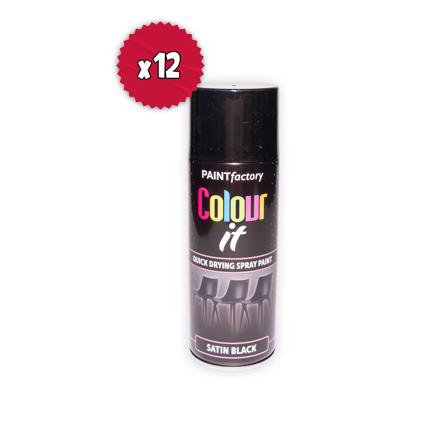 12 x Paint Factory Colour It Satin Black Spray Paint 400ml Quick Dry Aerosol Paint for Wood Metal Plastic & DIY Projects