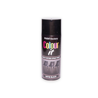 12 x Paint Factory Colour It Satin Black Spray Paint 400ml Quick Dry Aerosol Paint for Wood Metal Plastic & DIY Projects