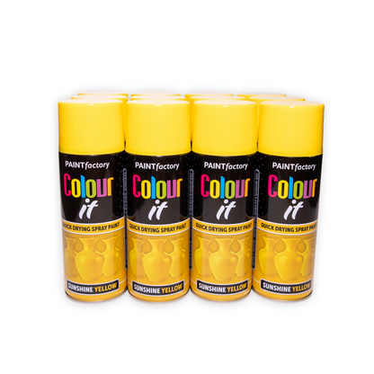12 X Paint Factory Colour It Sunshine Yellow Gloss Spray Paint 400ml Quick Dry Aerosol Paint for Wood Metal Plastic & DIY Projects