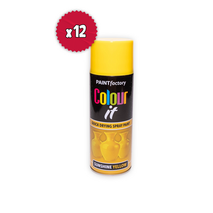 12 X Paint Factory Colour It Sunshine Yellow Gloss Spray Paint 400ml Quick Dry Aerosol Paint for Wood Metal Plastic & DIY Projects