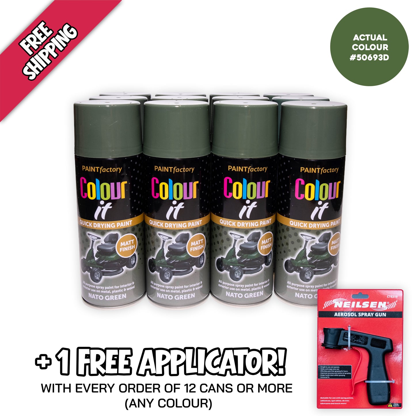 12 x Paint Factory Colour It Nato Green Matt Spray Paint 400ml Quick Dry Aerosol Paint for Wood Metal Plastic & DIY Projects