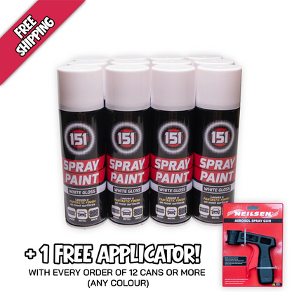 12 x 151 White Gloss Spray Paint 250ml Quick Dry Multi Surface Aerosol Paint with Free Applicator