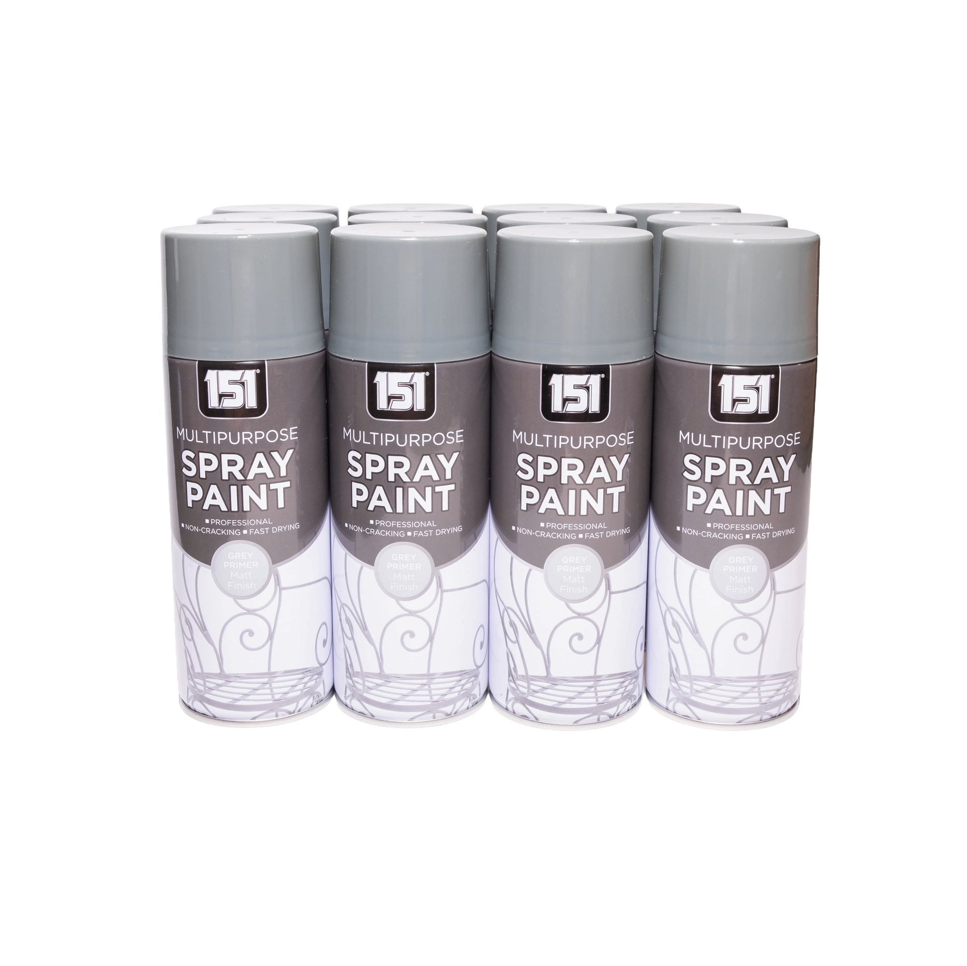 12 pack 151 Grey Primer Spray Paint 400ml bulk pack on white background