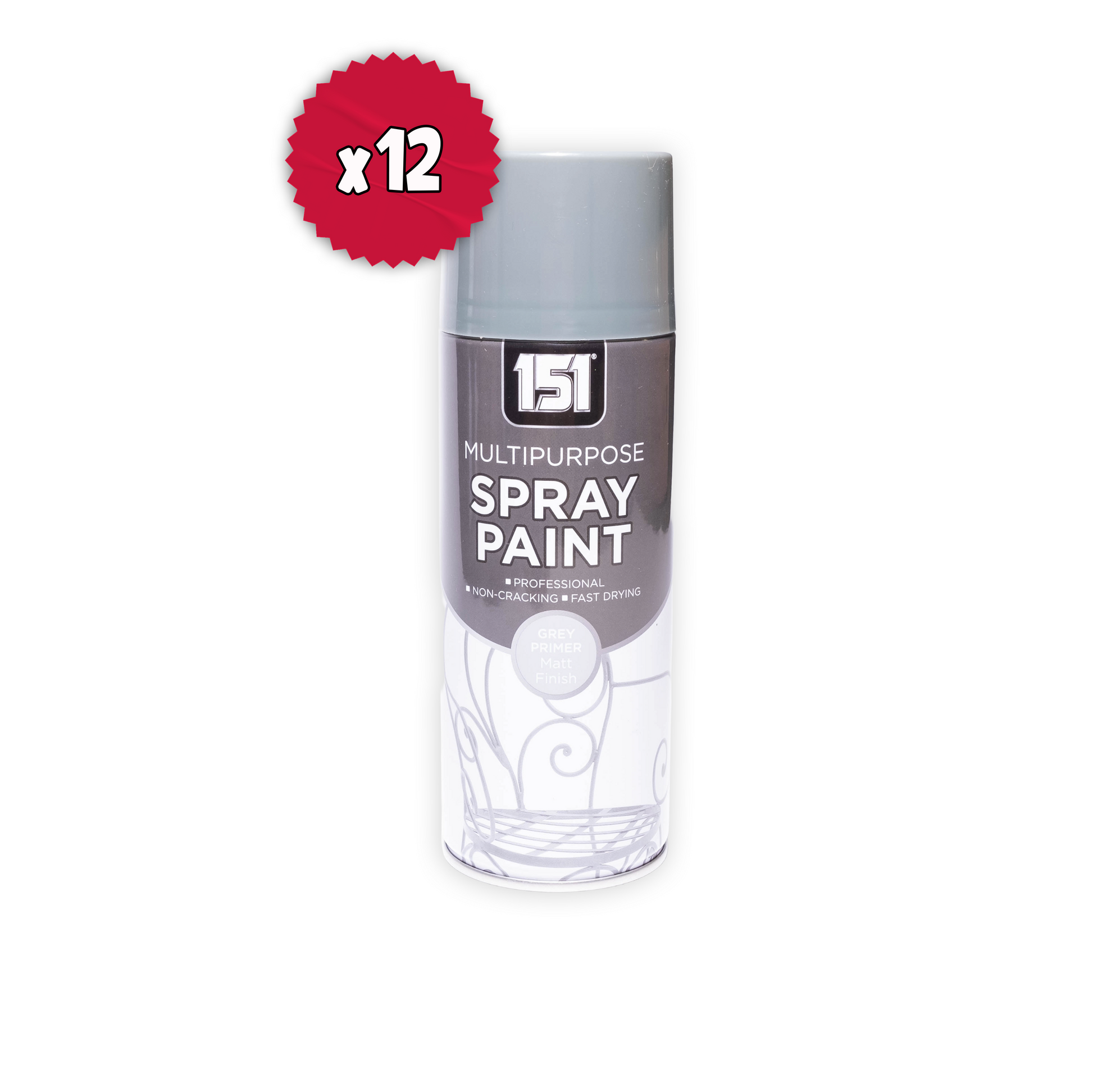 151 Grey Primer Spray Paint 400ml single can with x12 badge