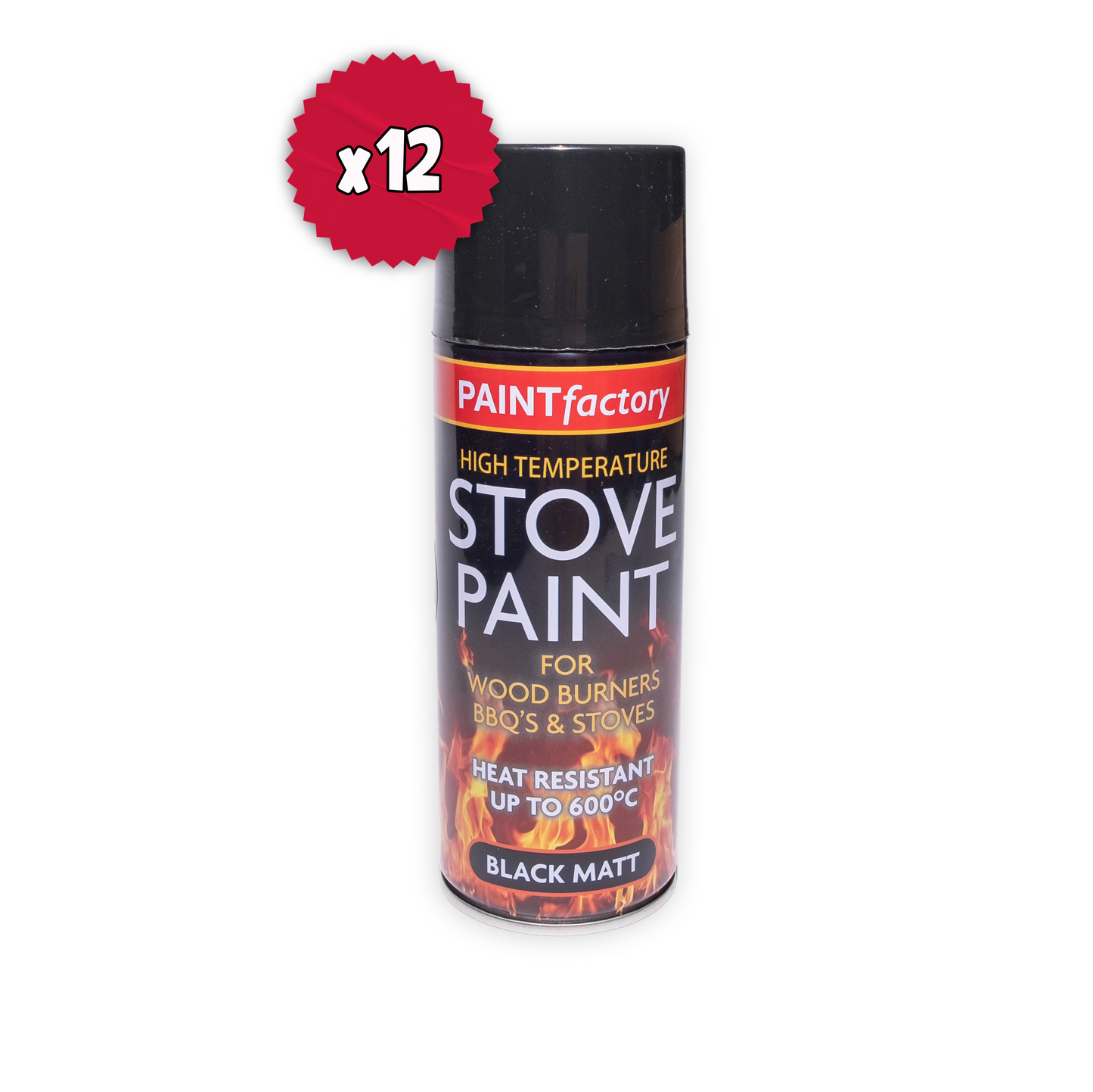 Box of 12 Paint Factory Stove Black Matt Heat Resistant Spray Paint Cans