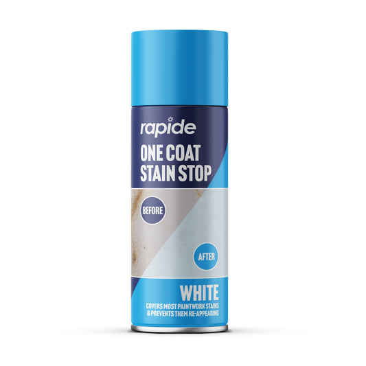 Rapide One Coat Stain Stop Spray White 400ml aerosol can